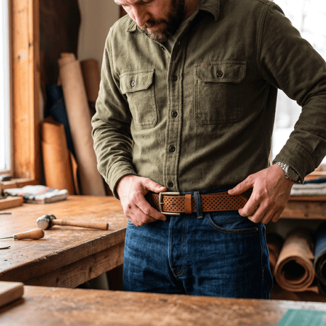 Man in an olive work shirt and jeans wearing the tan star-perforated leather belt in a woodworking studio