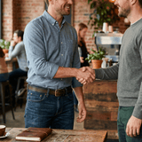 Lifestyle photo of a man in a chambray shirt and jeans shaking hands with another man in a cafe, wearing a dark brown embossed leather belt with a brass buckle
