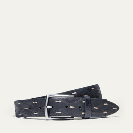Black wax cord leather belt, coiled, showing the brushed silver buckle and tan stitched cord detailing along the strap.