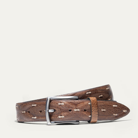Brown wax cord leather belt, coiled, showing the brushed silver buckle and tan stitched cord detailing along the strap.