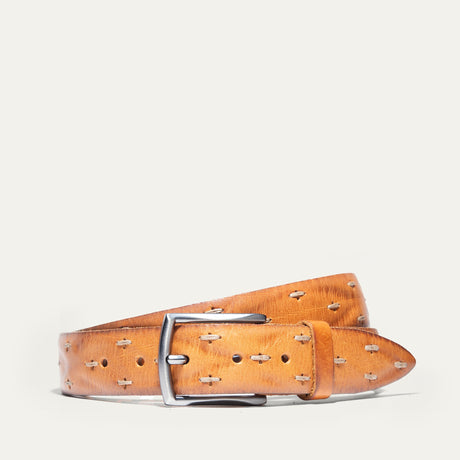 Tan wax cord leather belt, coiled, showing the brushed silver buckle and stitched cord detailing along the strap.