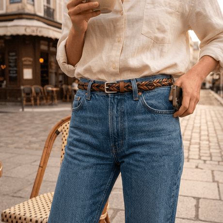 Lifestyle photo of a person wearing blue jeans with the black and tan Two-Tone Five Strand Braided Belt, standing at an outdoor Parisian cafe holding a coffee cup.