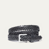 Will Leather Goods Five Strand Braided Belt in black leather, coiled on a white background with a brushed silver buckle.
