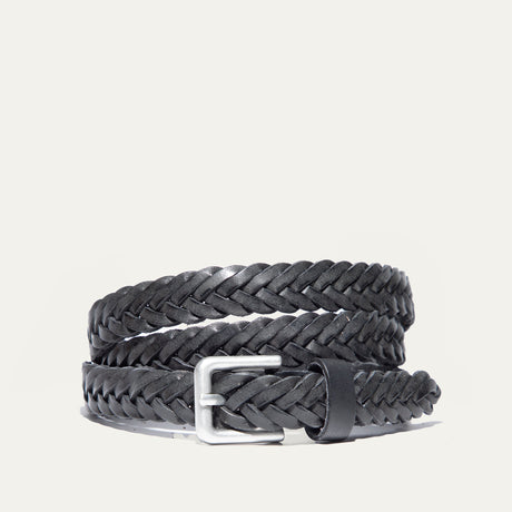 Will Leather Goods Five Strand Braided Belt in black leather, coiled on a white background with a brushed silver buckle.