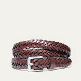 Will Leather Goods Five Strand Braided Belt in brown leather, coiled on a white background with a brushed silver buckle.