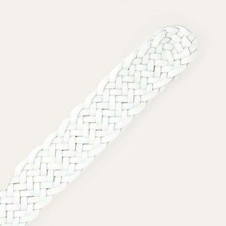 Close-up of the white Twelve Strand Braided Belt's rounded, buckle-free tip end, showing the twelve-strand leather braid.