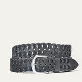 Black woven leather W Link belt coiled flat, showing the full herringbone braid and brushed silver buckle