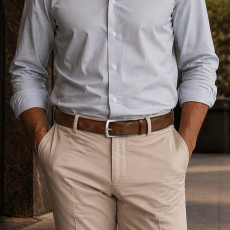 Lifestyle photo of a man in a light blue shirt and beige pants wearing the Will Leather Goods Wave Embossed Belt in cognac brown with a silver buckle, hands in pockets.