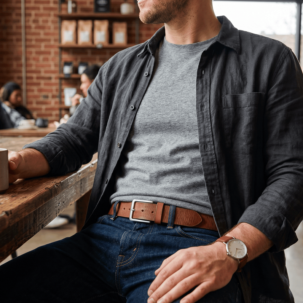 Lifestyle photo of a man in a gray henley and dark denim seated at a coffee shop table, wearing the tan Wood Grain Embossed Belt with a brushed silver buckle.
