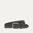 Black leather belt with a small diamond-embossed texture and a brushed silver buckle, coiled view.