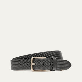 Black leather belt with a small diamond-embossed texture and a brushed silver buckle, coiled view.