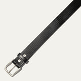 Close-up of the black diamond-embossed leather belt strap showing the textured pattern and keeper loop.