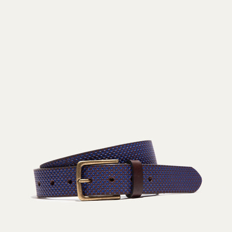 Brown leather belt with a blue diamond-embossed pattern and an antique brass buckle, coiled view.