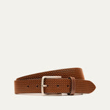 Cognac brown leather belt with a small diamond-embossed texture and a brushed silver buckle, coiled view.