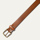 Close-up of the cognac brown diamond-embossed leather belt strap showing the textured pattern.