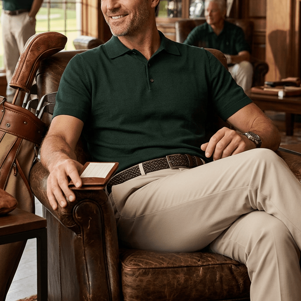 Lifestyle photo of a man in a dark green polo and khakis seated in a leather club chair at a golf clubhouse, wearing a dark brown braided leather belt