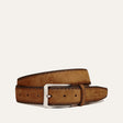 Cognac nubuck leather belt with contrast stitching, coiled to show the brushed silver buckle
