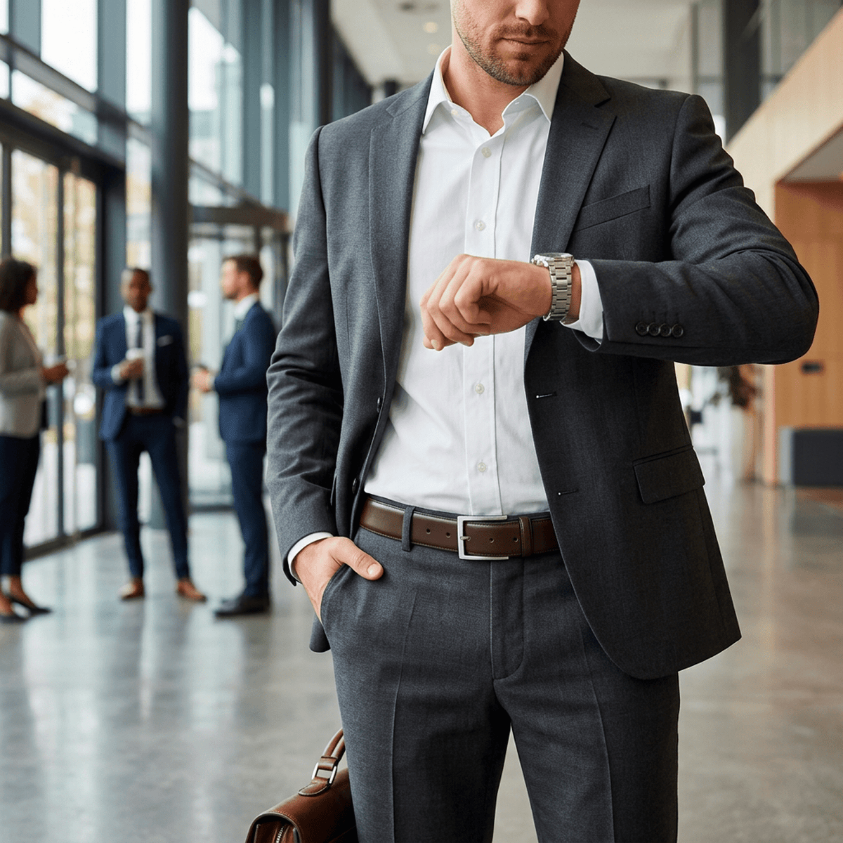 Lifestyle photo of a man in a gray suit checking his watch in an office hallway, wearing a cognac brown Will Leather Goods Glazed Calfskin Belt with a silver buckle.