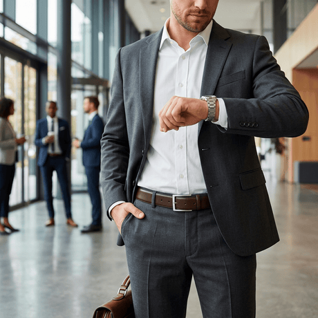 Lifestyle photo of a man in a gray suit checking his watch in an office hallway, wearing a cognac brown Will Leather Goods Glazed Calfskin Belt with a silver buckle.