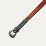 Close-up of the black-to-chestnut two-tone basketweave belt strap showing the color transition and hand-tooled basketweave pattern.