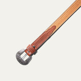 Close-up of the chestnut-to-natural two-tone basketweave belt strap showing the color transition and hand-tooled basketweave pattern.