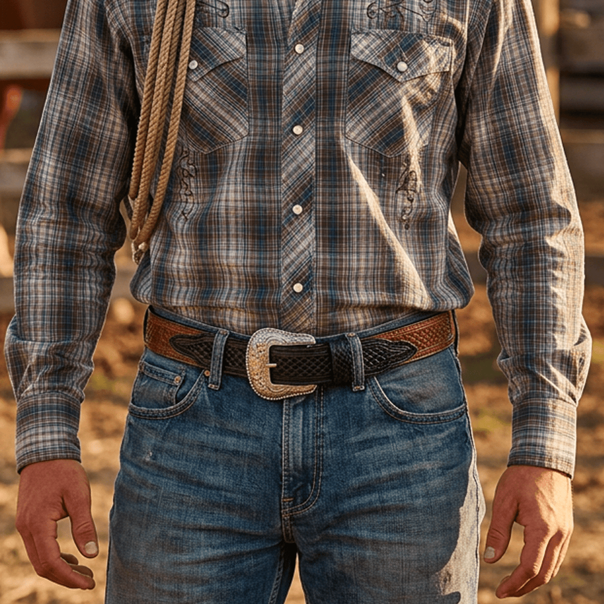 Man wearing the black-to-chestnut two-tone basketweave belt with jeans and a plaid western shirt, close-up on the buckle.