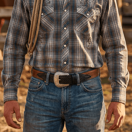Man wearing the black-to-chestnut two-tone basketweave belt with jeans and a plaid western shirt, close-up on the buckle.