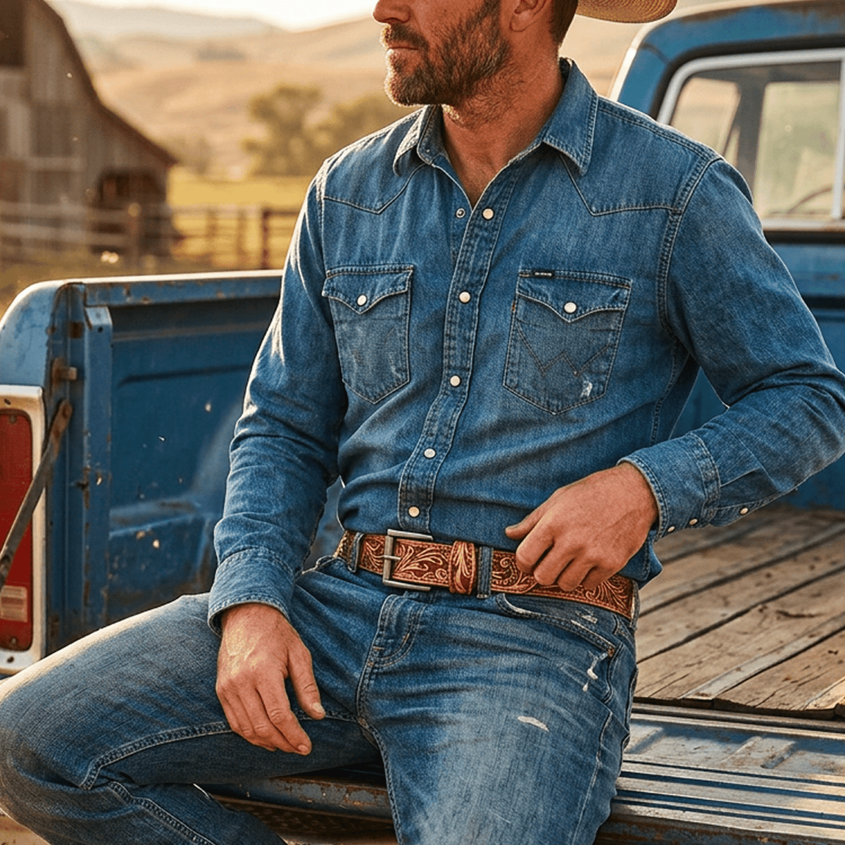 Lifestyle photo of a man in a denim shirt and jeans wearing the Hand-Tooled Morning Glory Jean Belt in natural tan leather, seated on the tailgate of a vintage blue pickup truck.
