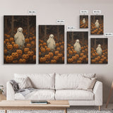 Fall Omens - Spooky Ghost In A Pumpkin Patch, Halloween Decor, Fall Art, Framed Canvas Print, Spooky Halloween Decor