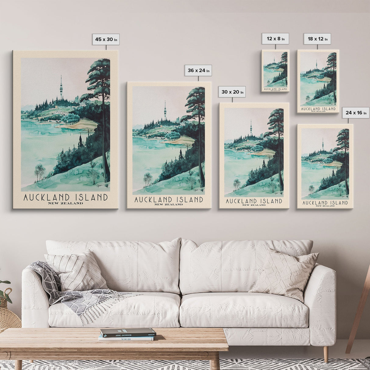 Auckland Island, New Zealand Watercolor Print, Vacation Gift, New Zealand Wall Art, Beach Painting, Beach Decor, Large Wall Art, Wood Frame Art