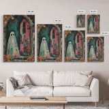 Ghostly Figure at Haunted Door Framed Canvas Print, Halloween Spirit Decor, Spooky Ghost Art, Haunted House Wall Art, Creepy Ghostly Print