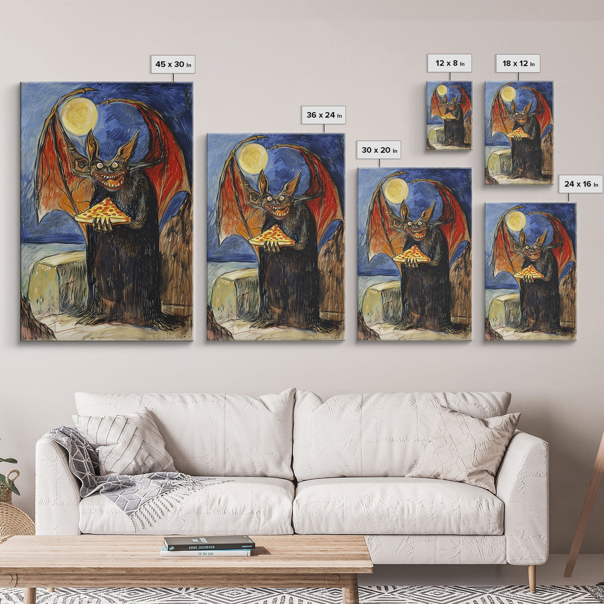 Halloween Vampire Bat with Pizza Under Full Moon Framed Canvas Print, Humorous Wall Art, Home Decor, Whimsical Decor, Gift Idea, Spooky Fun