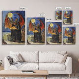 Halloween Vampire Bat with Pizza Under Full Moon Framed Canvas Print, Humorous Wall Art, Home Decor, Whimsical Decor, Gift Idea, Spooky Fun