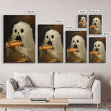 Ghostly Hot Dog Thief, Cute Lil Ghost Eatin' a Dog, The Hot Dog Ghost, Haunted Hot Dog Thief, Framed Canvas Print, Halloween Art