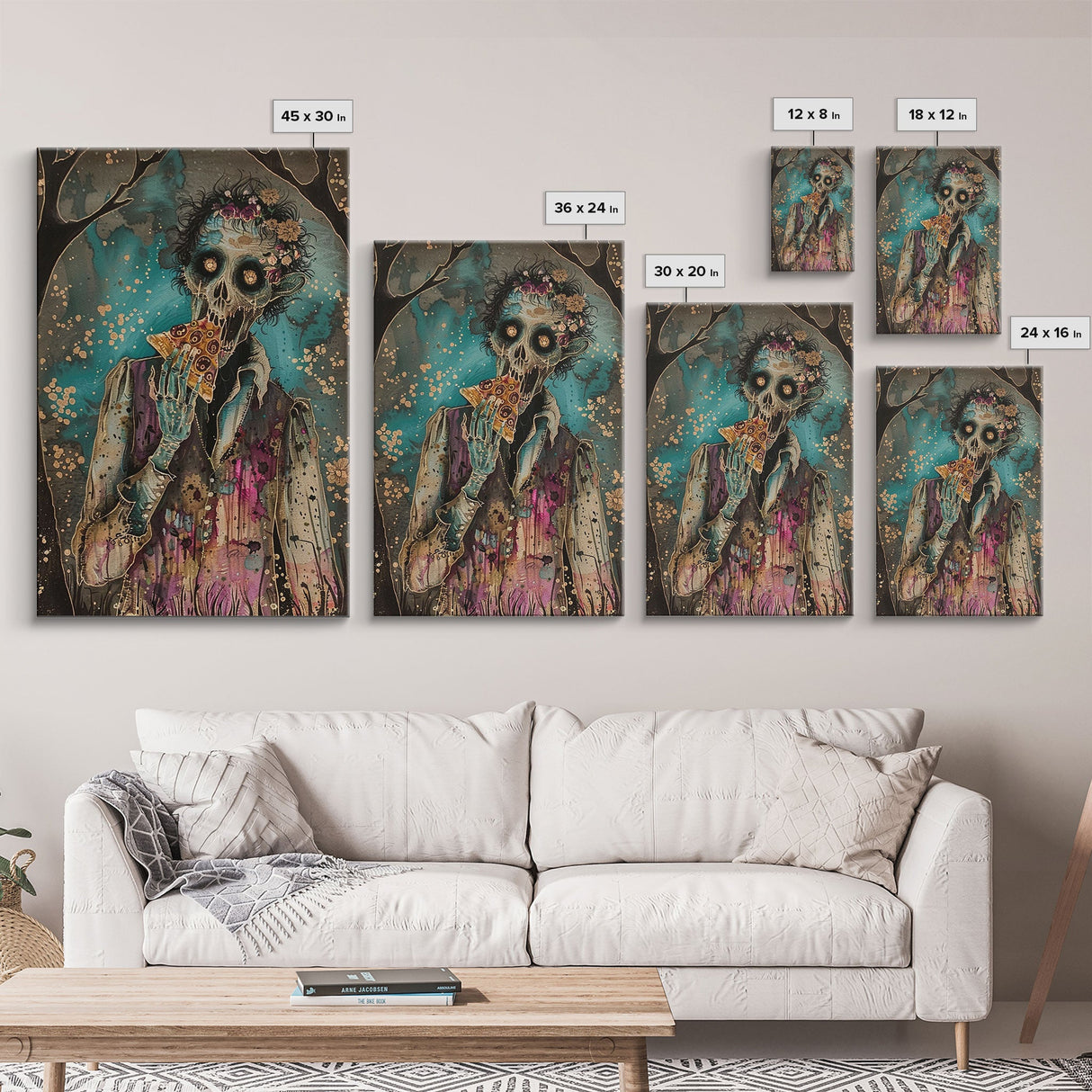 Halloween Zombie Eating Pizza, Framed Canvas Print, Wall Art, Living Room Decor, Spooky, Zombie Art, Original Painting, Home Decor