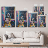 Halloween Creepy Girl with Doll, Framed Canvas Print, Wall Art, Living Room Decor, Spooky, Girl Art, Original Painting, Home Decor