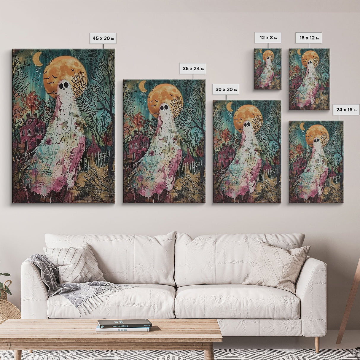 Halloween Ghost in Haunted Forest Framed Canvas Print, Spooky Decor, Living Room Art, Creepy Halloween Wall Art, Home Decoration