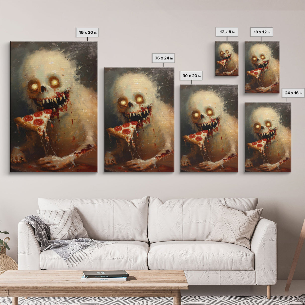 Halloween Ghost with Pizza Framed Canvas Print, Unique Spooky Decor, Living Room Art, Fun Halloween Wall Art, Home Decor, Retro Style Art