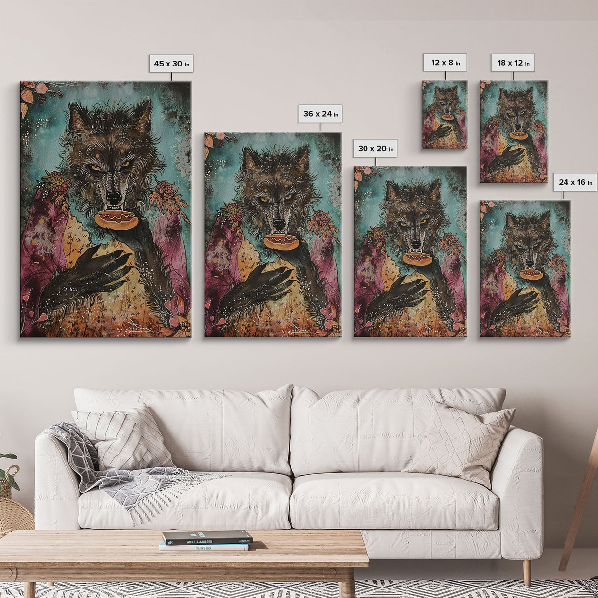 Halloween Werewolf Holding Hotdog, Framed Canvas Print, Wall Art, Home Decor, Spooky Artwork, Fantasy Decor, Halloween Decor