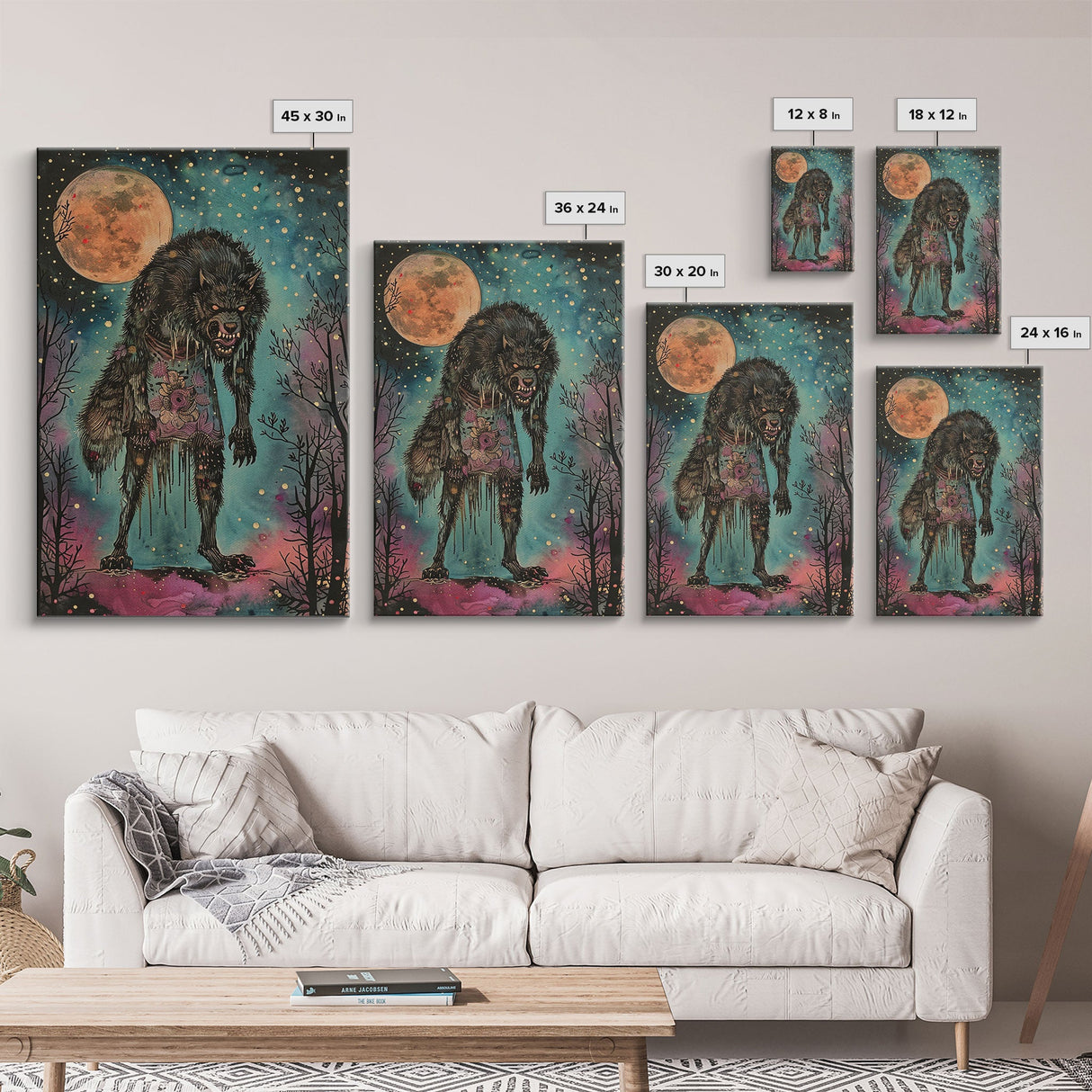 Halloween Spooky Full Moon Werewolf Framed Canvas Print, Wall Art, Living Room Decor, Halloween Decoration, Scary Wall Hanging, Haunted Art