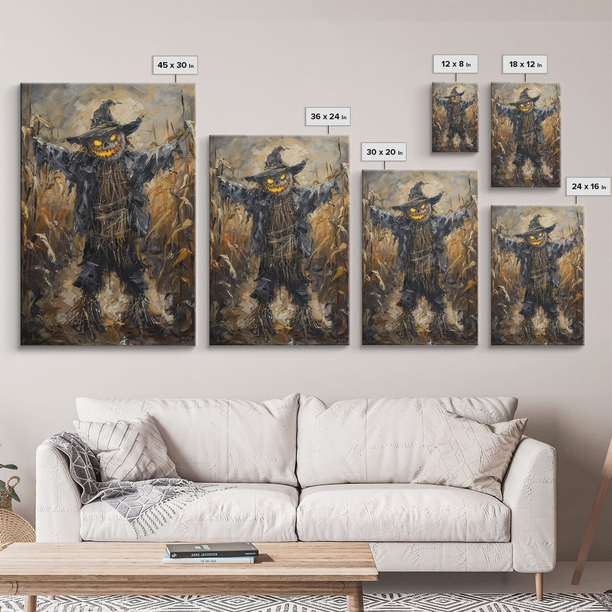 Sinister Scarecrow in Cornfield Framed Canvas Print | Halloween Horror Art | Spooky Farm Art | Creepy Scarecrow Art for Home Decoration