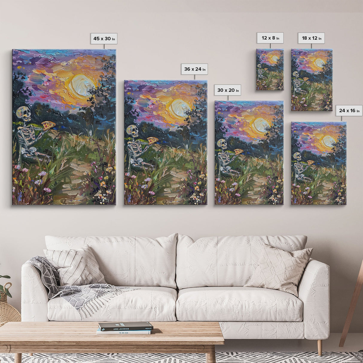 Graveyard Pizza Party Framed Canvas print, Skeleton Eating Pizza In a Cemetary Halloween Decor