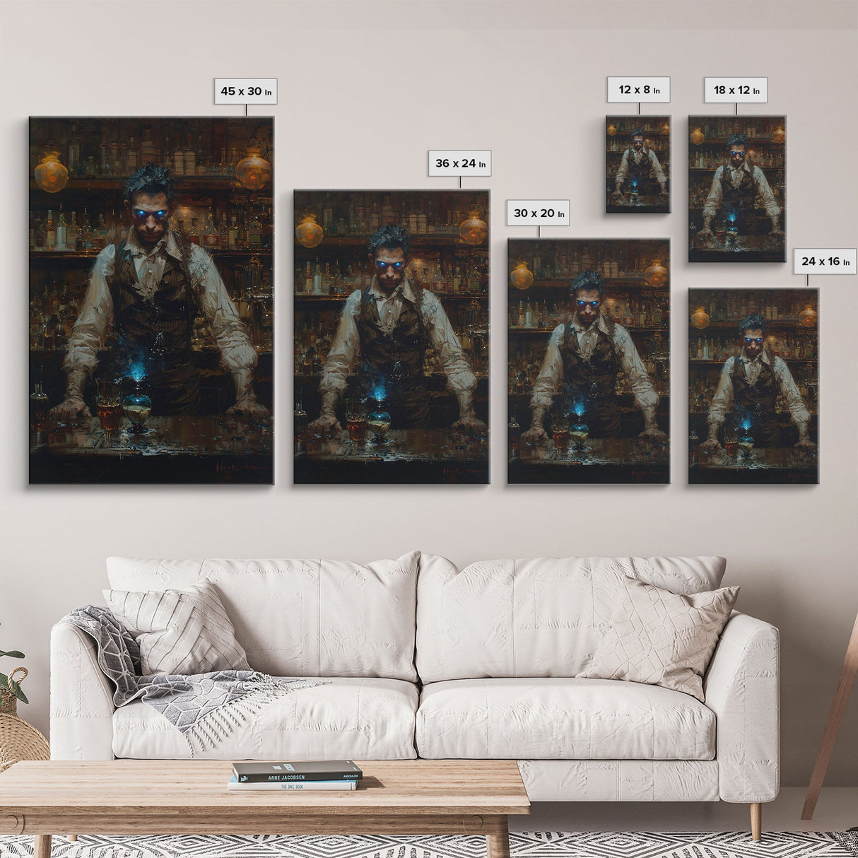 Mysterious Bartender with Glowing Eyes - Halloween Wall Art - Spooky Home Decor - Creepy Bar Scene - Unique Halloween Decoration