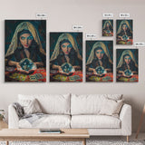 Enchanting Fortune Teller with Crystal Ball Under Moonlight - Mystical Witchcraft Framed Canvas Print, Halloween Gothic Home Decor