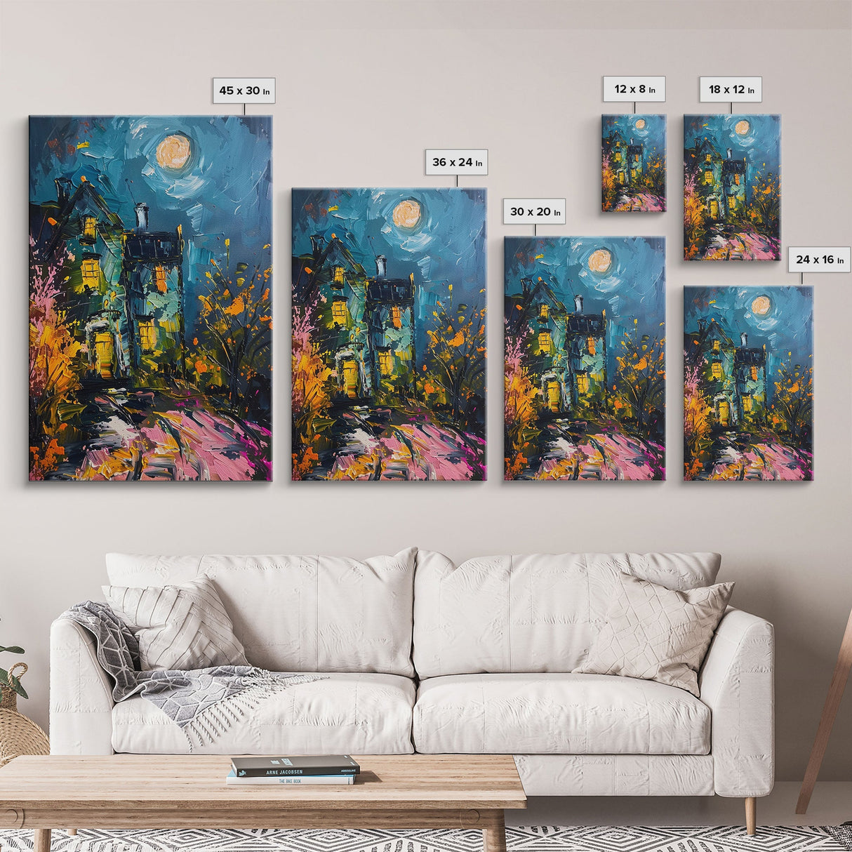 Haunted House with Glowing Windows Framed Canvas Print, Halloween Wall Art, Spooky Art, Home Decor, Living Room Decor, Gothic Artwork