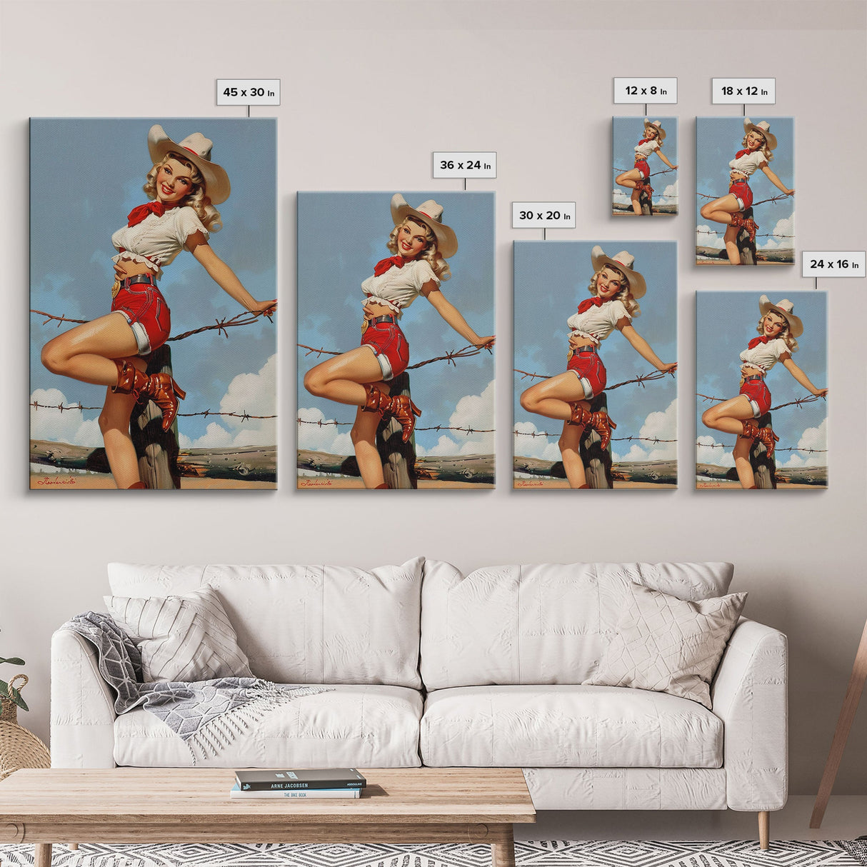 Vintage Cowgirl Pin-Up Art Print, Retro Western Framed Canvas, Classic Pin-Up Girl in Cowboy Hat and Boots, Unique Wall Decor