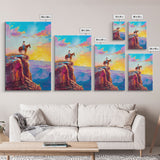Cowboy on Cliff Edge at Sunrise - Colorful Western Landscape Painting, Framed Canvas Print, Sunrise Wall Art, Living Room Decor