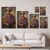 Handsome Cowboy with Wildflowers - Framed Canvas Print, Western Living Room Art, Rustic Bedroom Decor, Cowboy Art, Wall Art