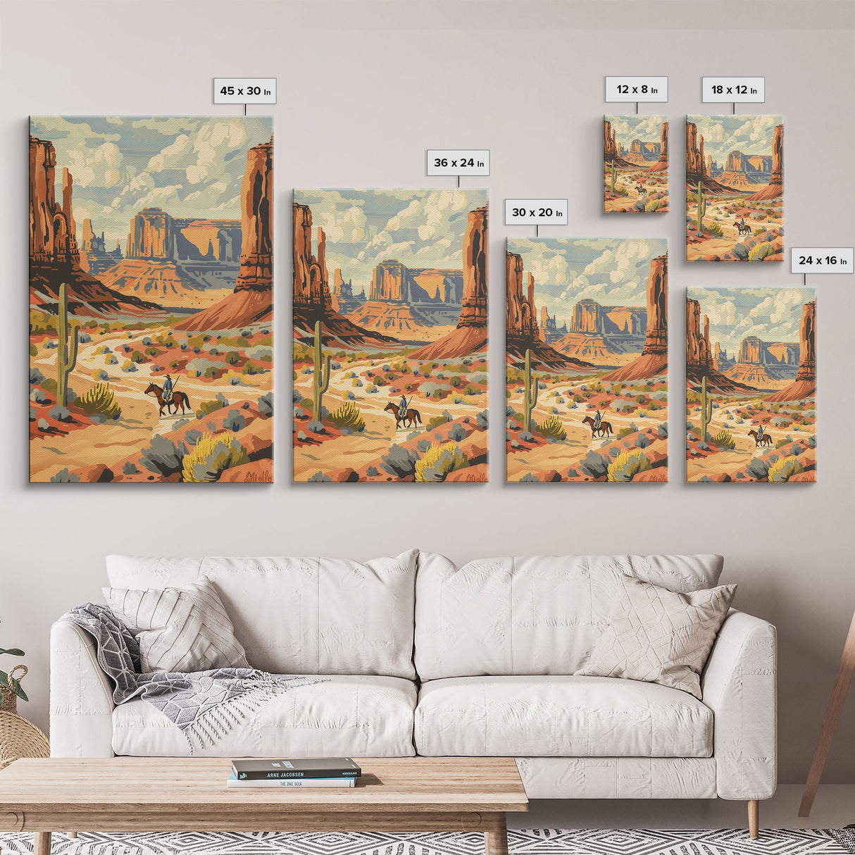 Cowboy in Southwestern Desert Landscape - Framed Canvas Print, Western Wall Art, Desert Scene Art, Cactus Decor for Living Room