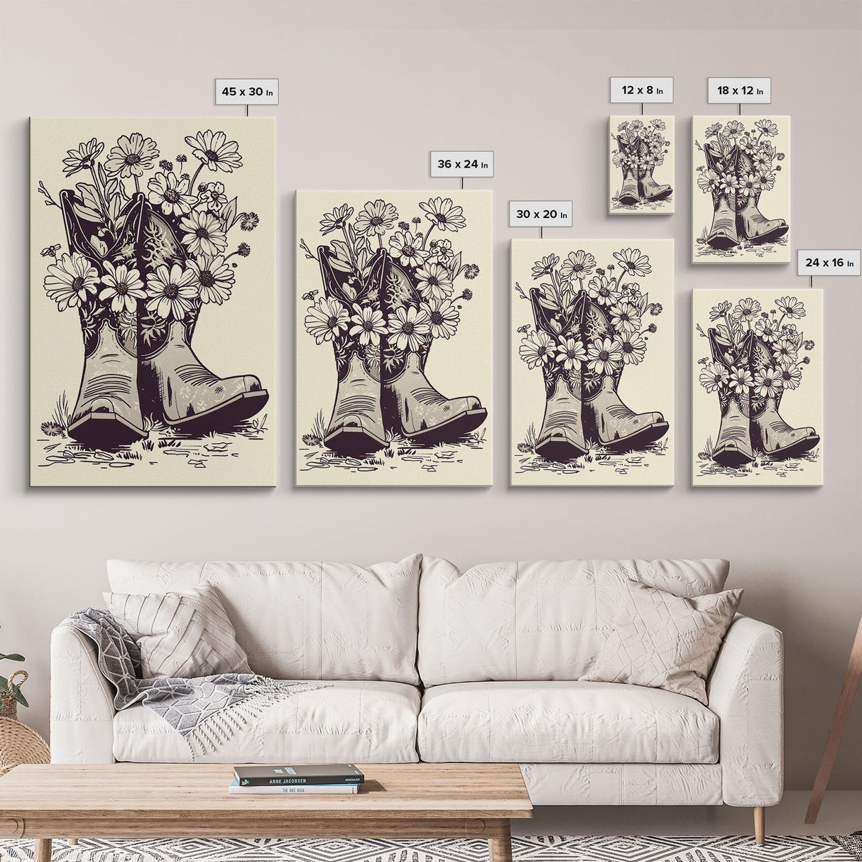 Cowboy Boots with Flowers Art Print, Western Silhouette Framed Canvas, Vintage Floral Boots Art, Unique Home Decor